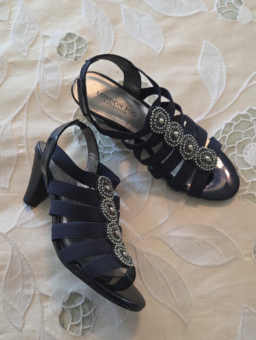 London Fog navy beaded slingback heeled sandals